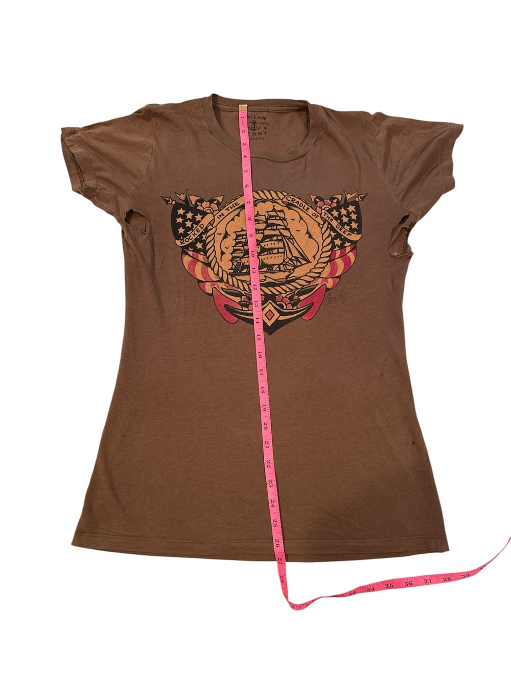 Sailor Jerry Distressed Women’s Brown Graphic Crewneck Tee with Nautical Print